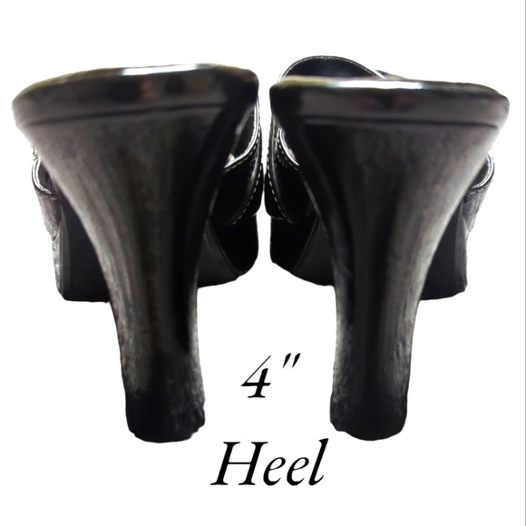 BONGO glossy black chunk 4" heel faux buckle top, size 8 sandals! - Picture 3 of 4